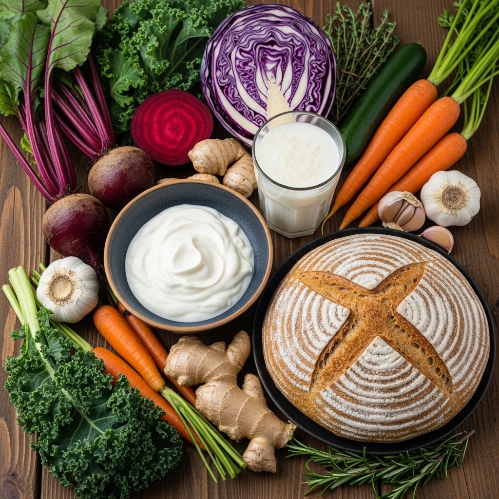 Fermented foods including yoghurt kefir and sourdough bread alongside fresh vegetables representing digestive health and gut microbiome support