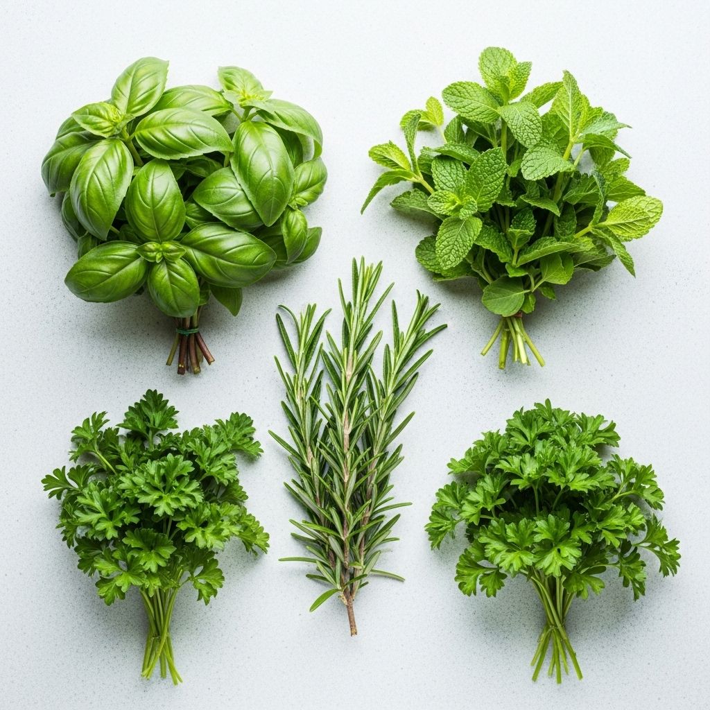 Vibrant overhead view of various fresh green herbs and aromatic plants including basil mint rosemary and parsley arranged on a light background