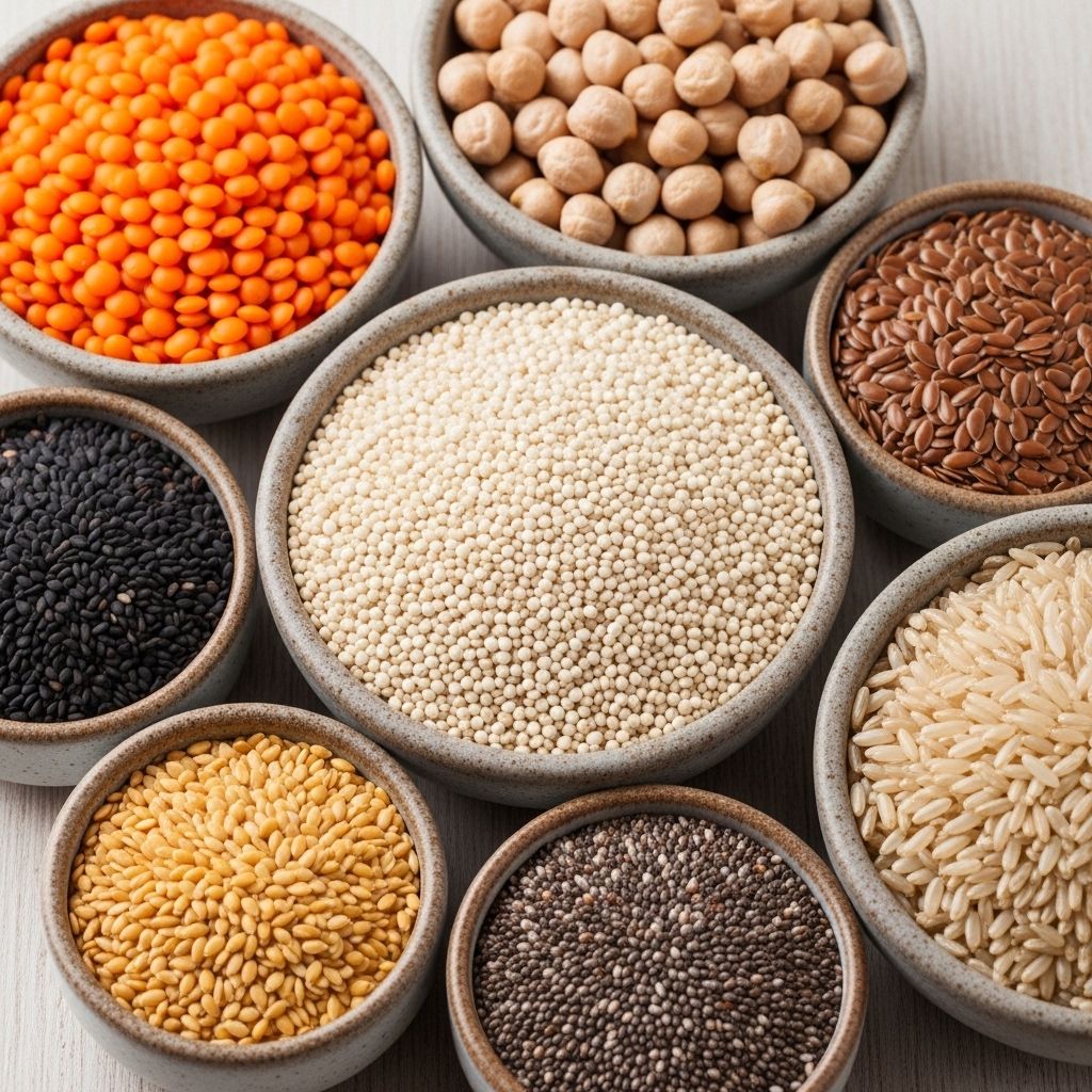 Close-up of assorted whole grains legumes and seeds including lentils chickpeas quinoa and brown rice in small ceramic bowls